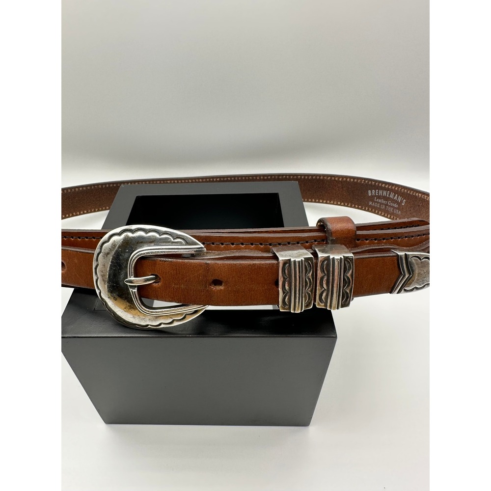 Brenneman's Leather Belt Women 34 36 Brown Sterling Silver 4-Piece Ranger Buckle